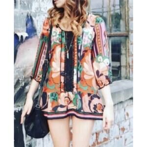 Anthropologie Odille Multicolor Minted Melon Semisheer Silk Floral Tunic Sz 12